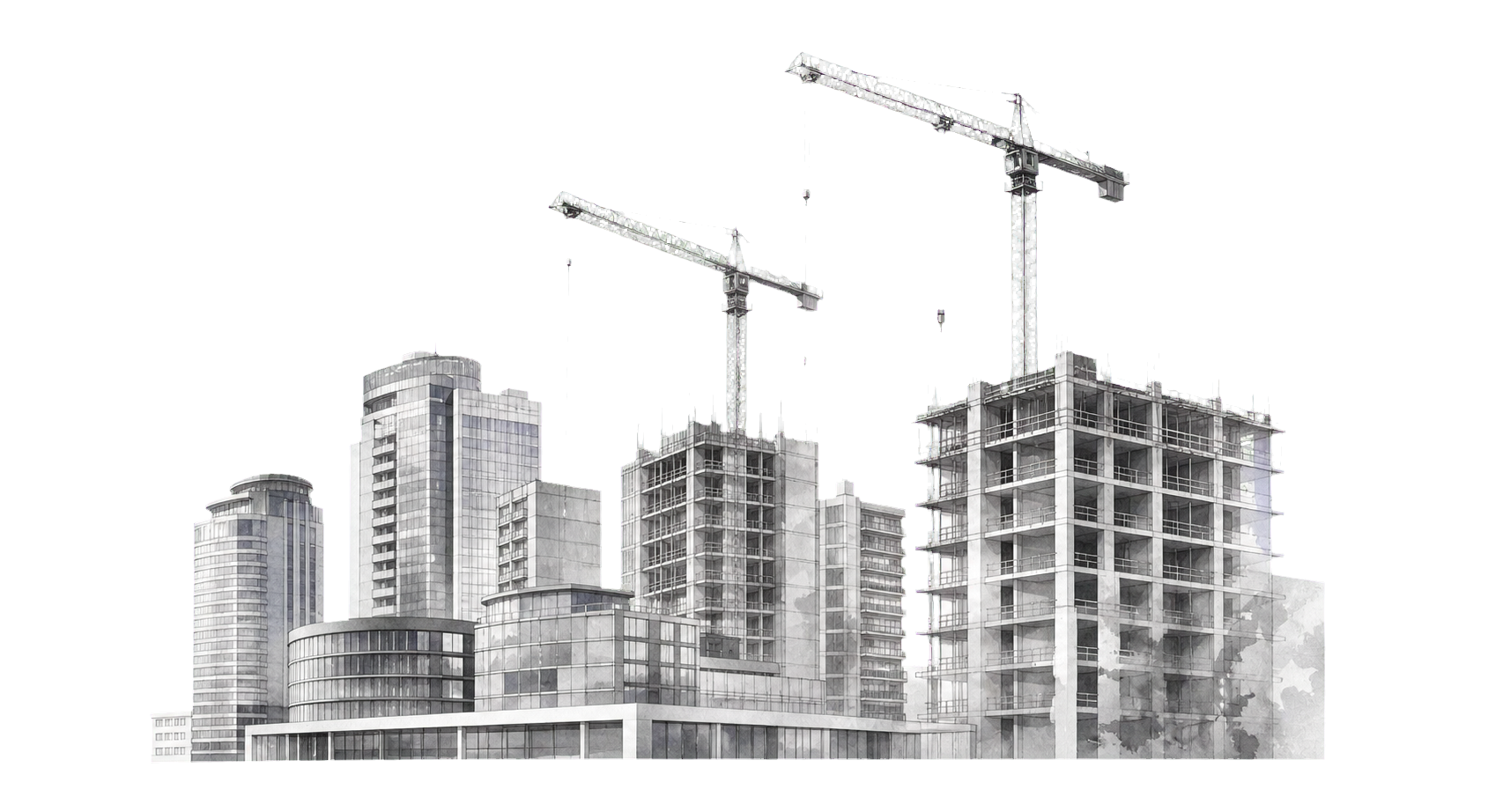 Bâtiments et grues de construction en couche transparente